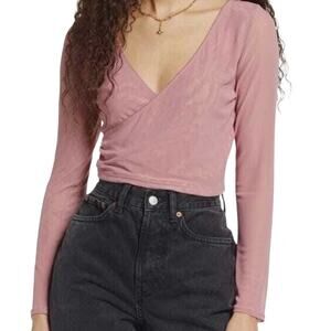 BP medium mesh criss cross v-neck semi-sheer faux wrap crop top BC 3133